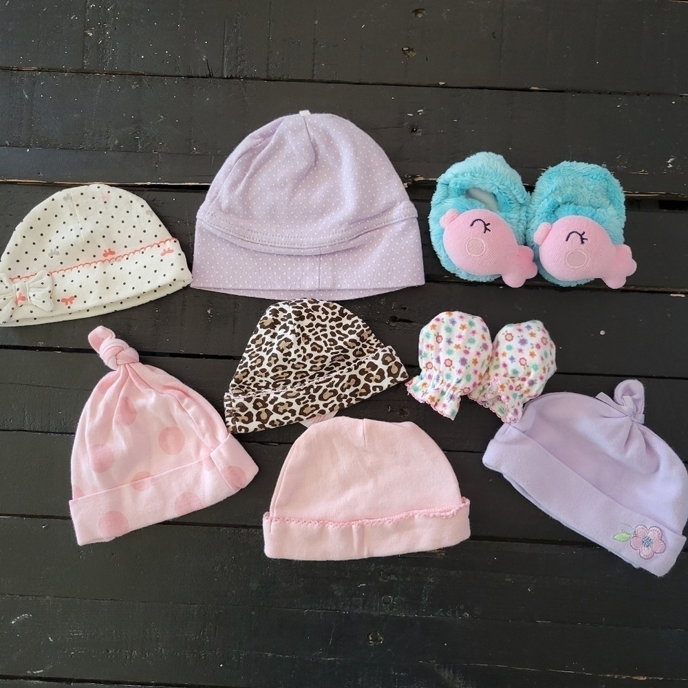 Baby Girl Bundle Lot of Hats Beanies Whale Slippers Mittens Hand Covers Newborn